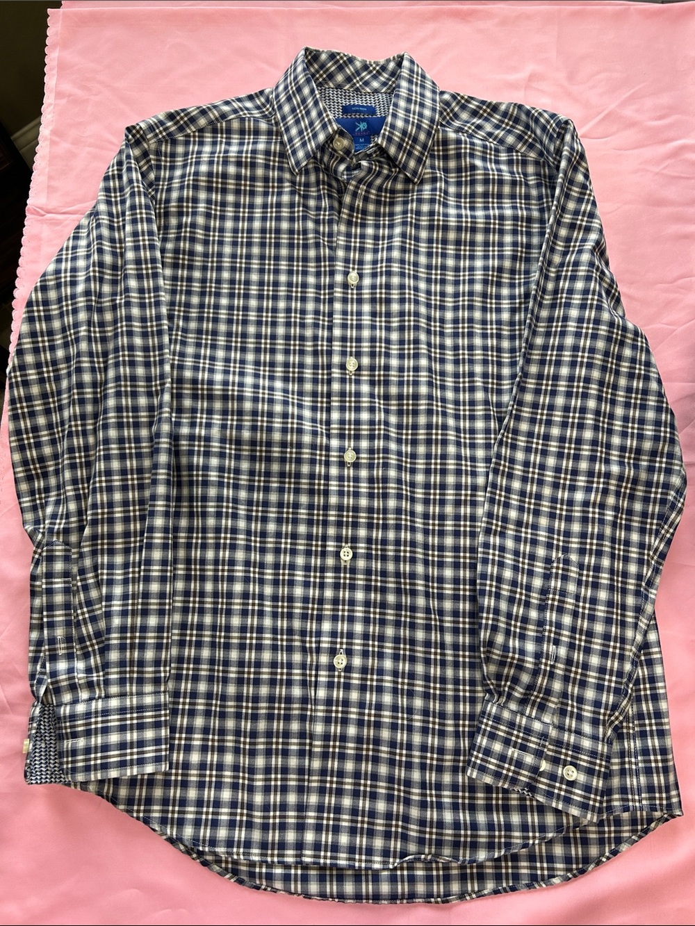 Egara Navy and White Plaid Button-Down Shirt Size Medium